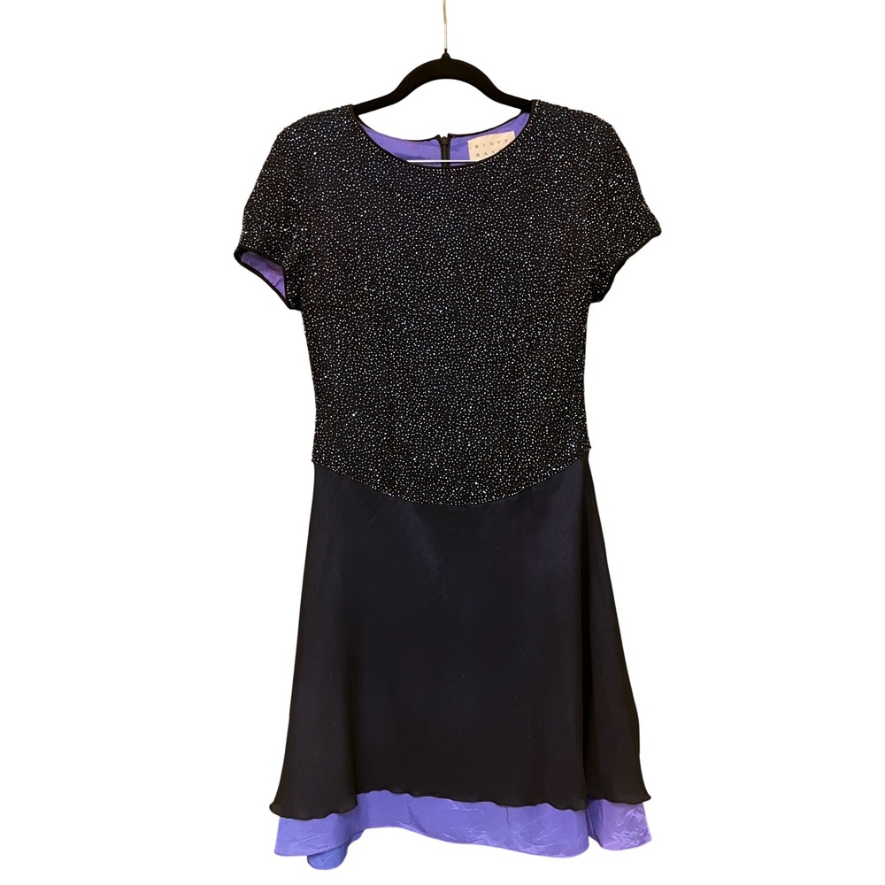 Bieff Basix Vintage 100%‎ Silk Beaded Cocktail Dress Navy Purple Women Size 6